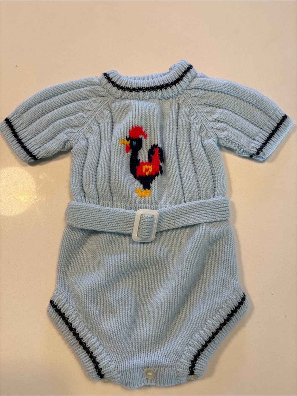 Vintage Mid Century Light Blue Knit Baby Romper with Rooster Motif